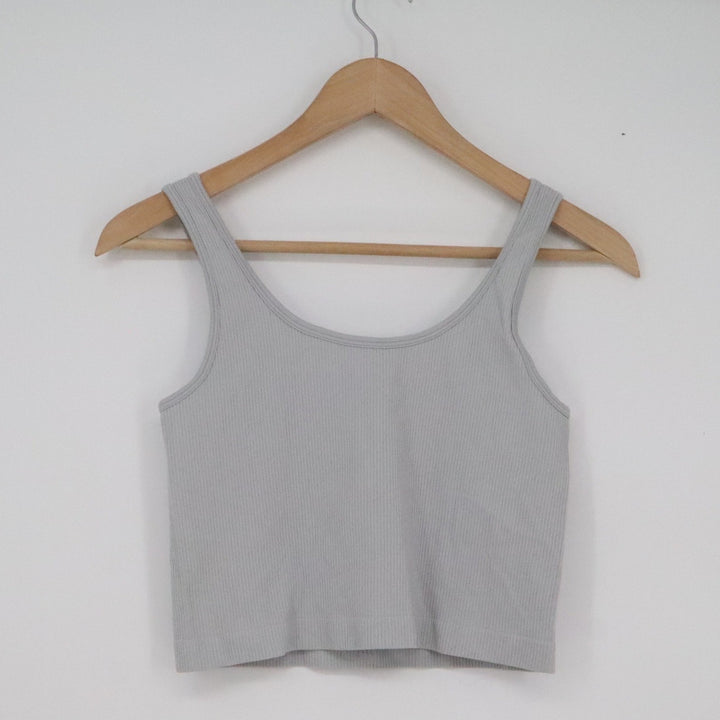 OQQ Womens Ribbed Seamless Crop Tank Top Light Grey Athletic Scoop Neck Large