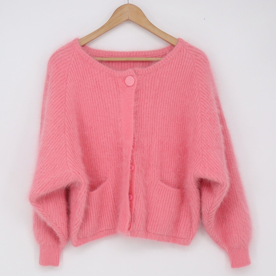 Unbranded Cardigan Womens M Fuzzy Knit Pink Raglan Sleeve Pockets Excellent