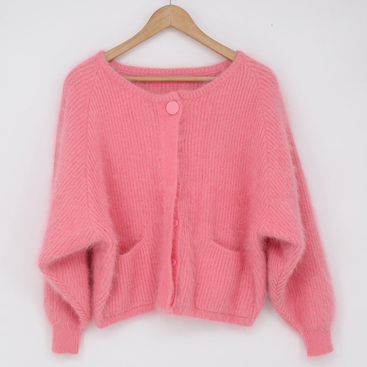 Unbranded Cardigan Womens M Fuzzy Knit Pink Raglan Sleeve Pockets Excellent