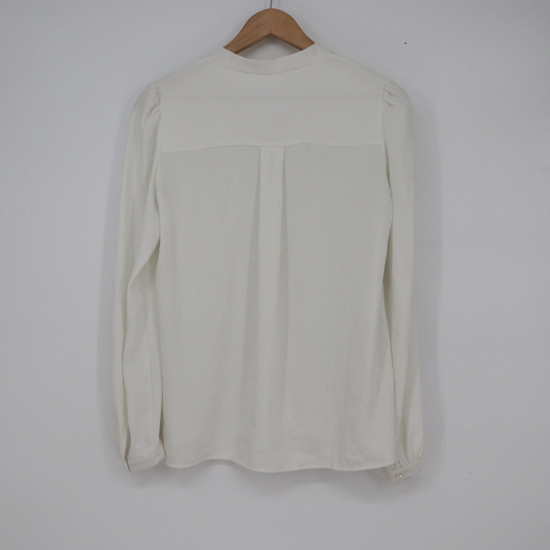 White Split V-Neck Long Sleeve Puff Shoulder Blouse Size M Made in Romania