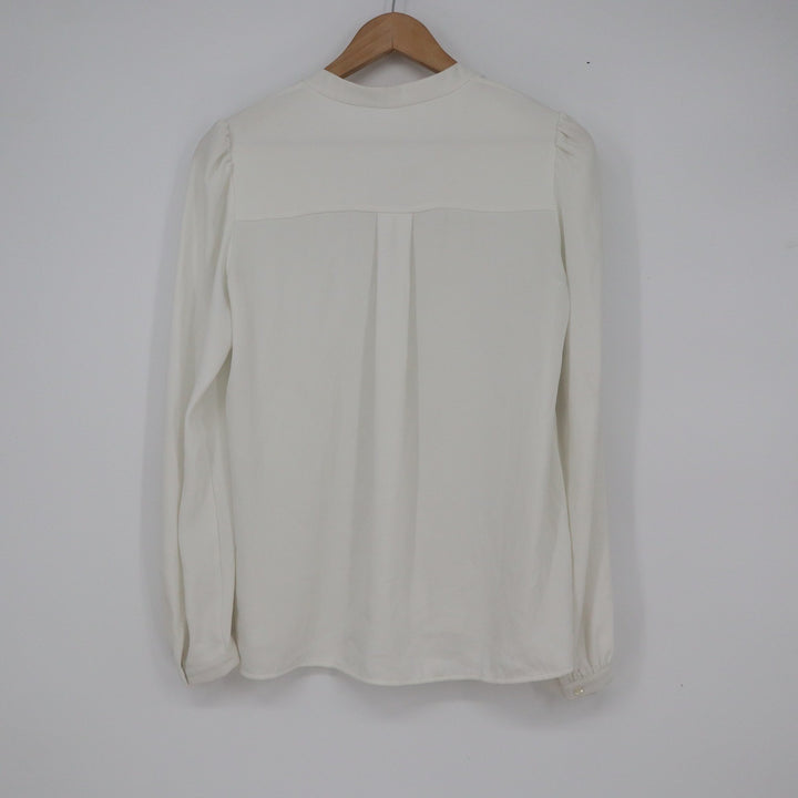 White Split V-Neck Long Sleeve Puff Shoulder Blouse Size M Made in Romania