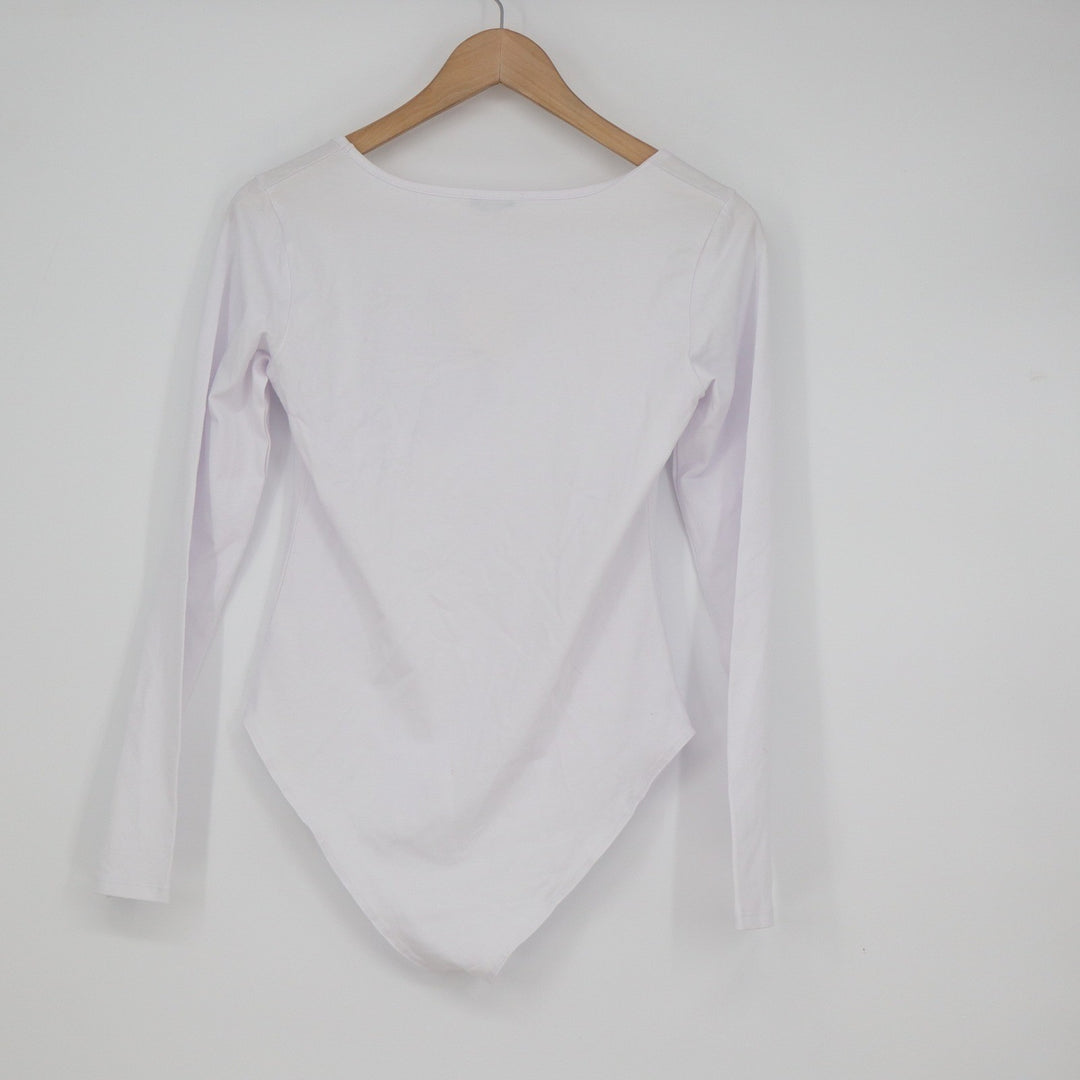 Mangopop White Square Neck Long Sleeve Bodysuit Medium