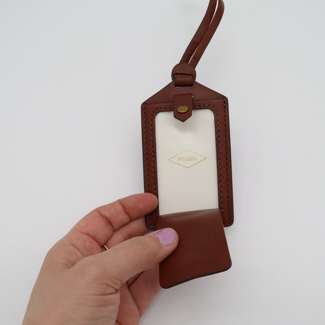 Fossil Brown Pebbled Leather Luggage Tag Bag ID Name Card Holder Slide Pocket