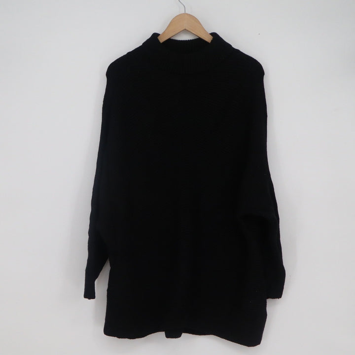 Black Oversized Mock Neck Ribbed Knit Tunic Sweater Womens Large