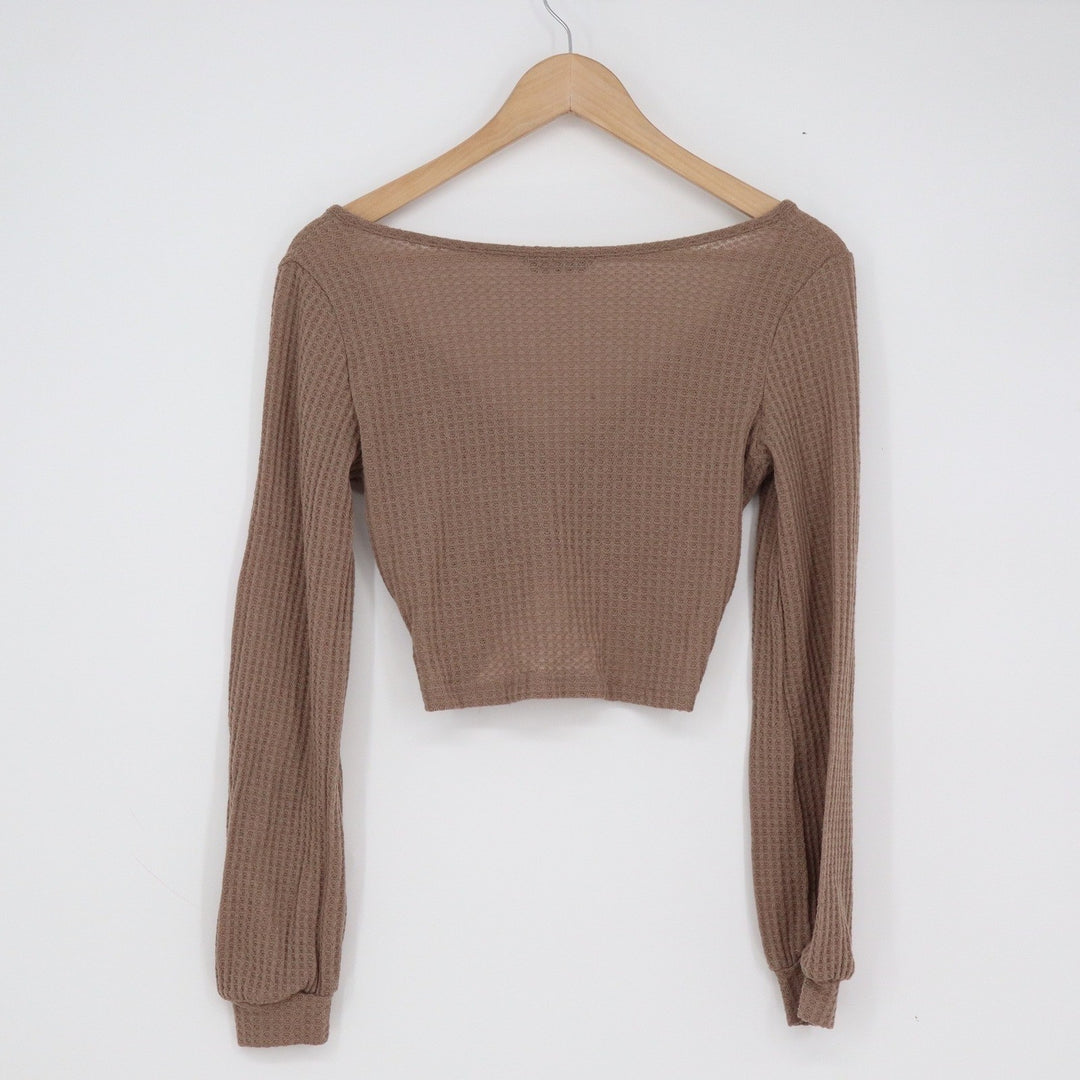 SHEIN Brown Waffle Knit Twist Front Long Sleeve V-Neck Crop Top Size S
