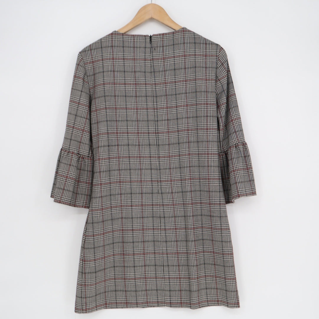 Zara Woman Plaid Glen Check Bell Sleeve Shift Mini Dress Black Red XS