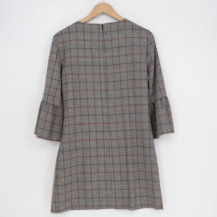 Zara Woman Plaid Glen Check Bell Sleeve Shift Mini Dress Black Red XS