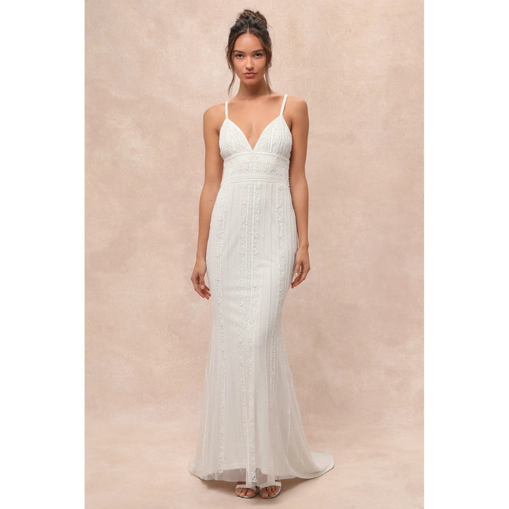 Lulus Stunning Vow White Beaded Sequin Maxi Dress Size L