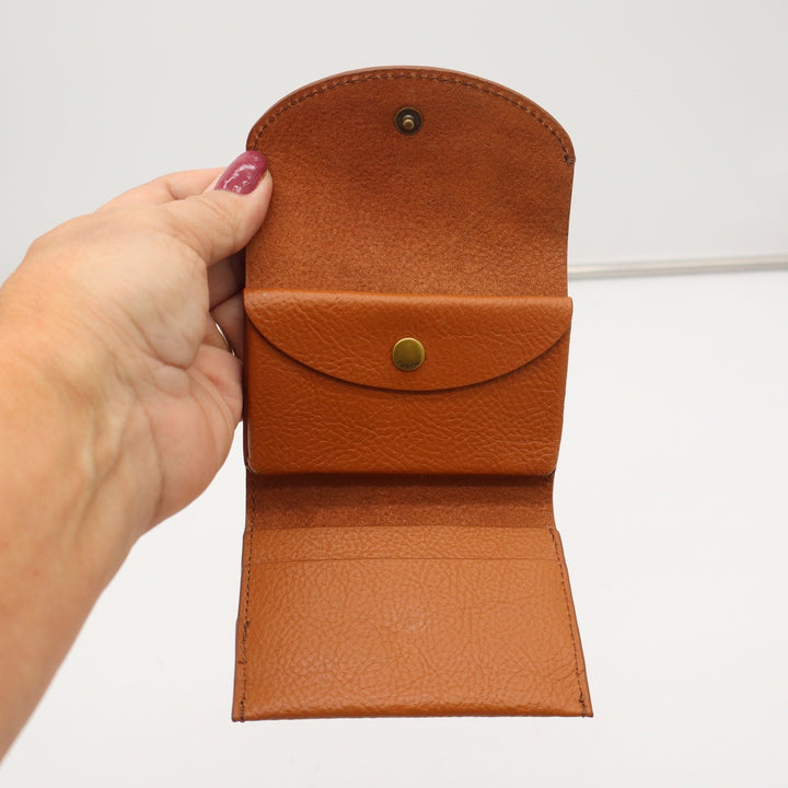 Fossil Tan Pebbled Leather Trifold Compact Wallet with Coin Pouch Brass Snap
