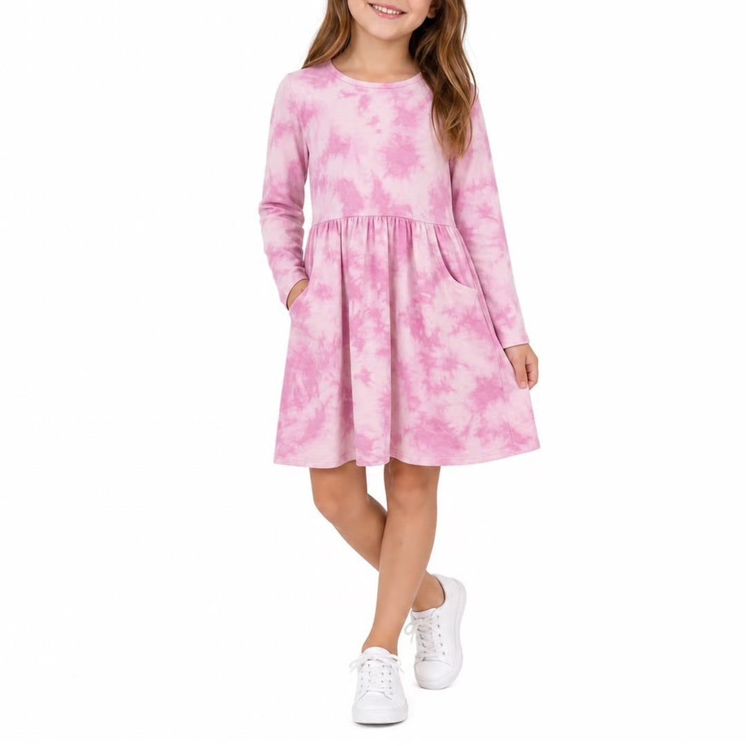 Cat & Jack Girls XL 14 Pink Tie Dye Long Sleeve Pocket Dress Fit & Flare