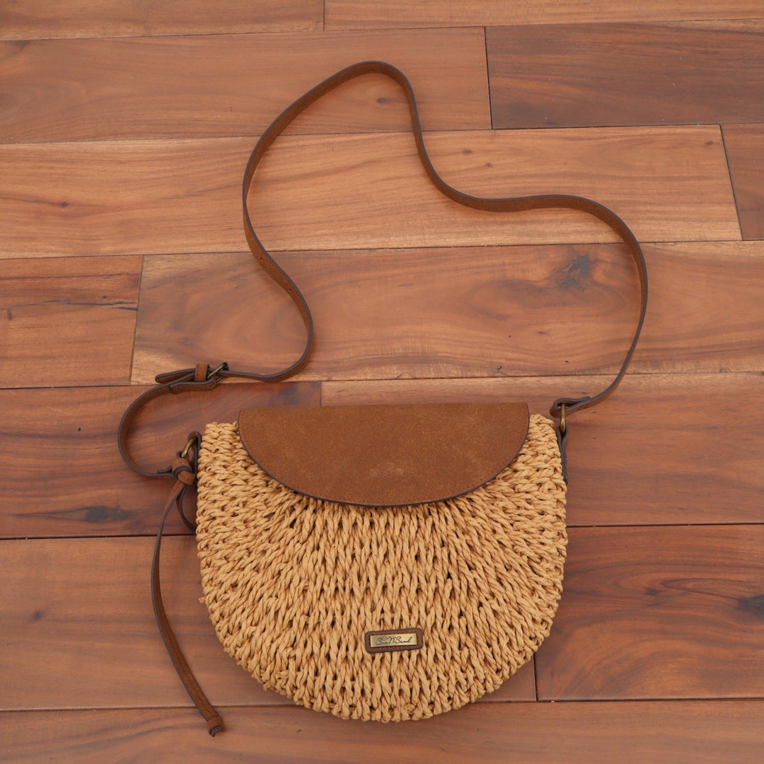 Sun N Sand Tan Woven Straw Crossbody Bag Brown Faux Suede Flap Half Moon Purse