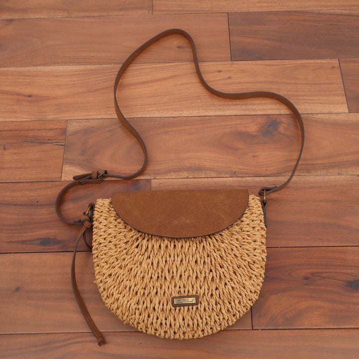 Sun N Sand Tan Woven Straw Crossbody Bag Brown Faux Suede Flap Half Moon Purse