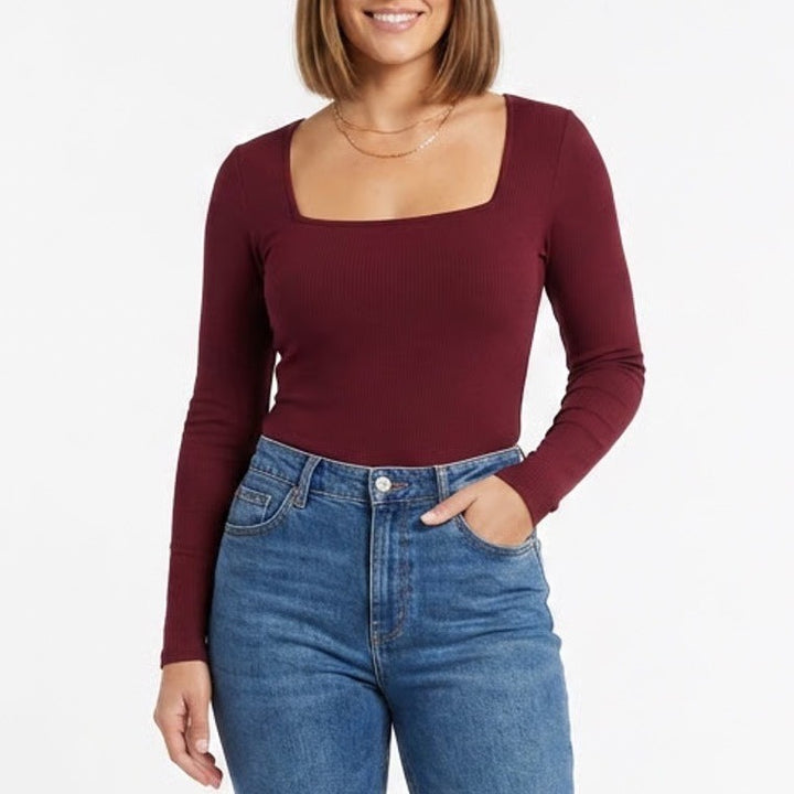Mangopop Bodysuit One Piece Womens XL Maroon Knitted Long Sleeve Square Neck