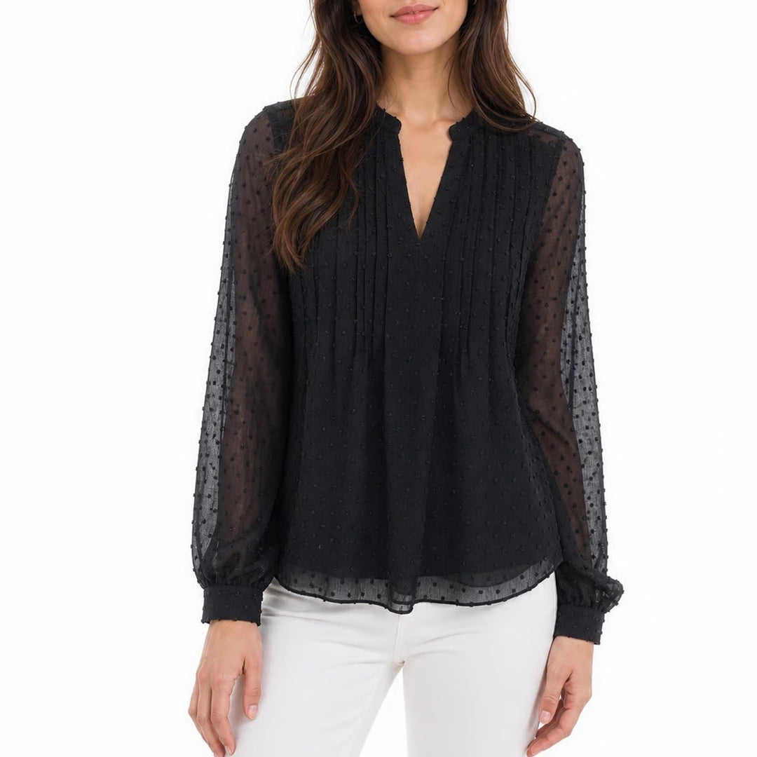 Max Studio Black Clip Dot Pintuck V-Neck Blouse Long Sleeve Sheer Top Small