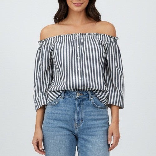 Madewell Striped Off Shoulder Button Front Ruffle Top M