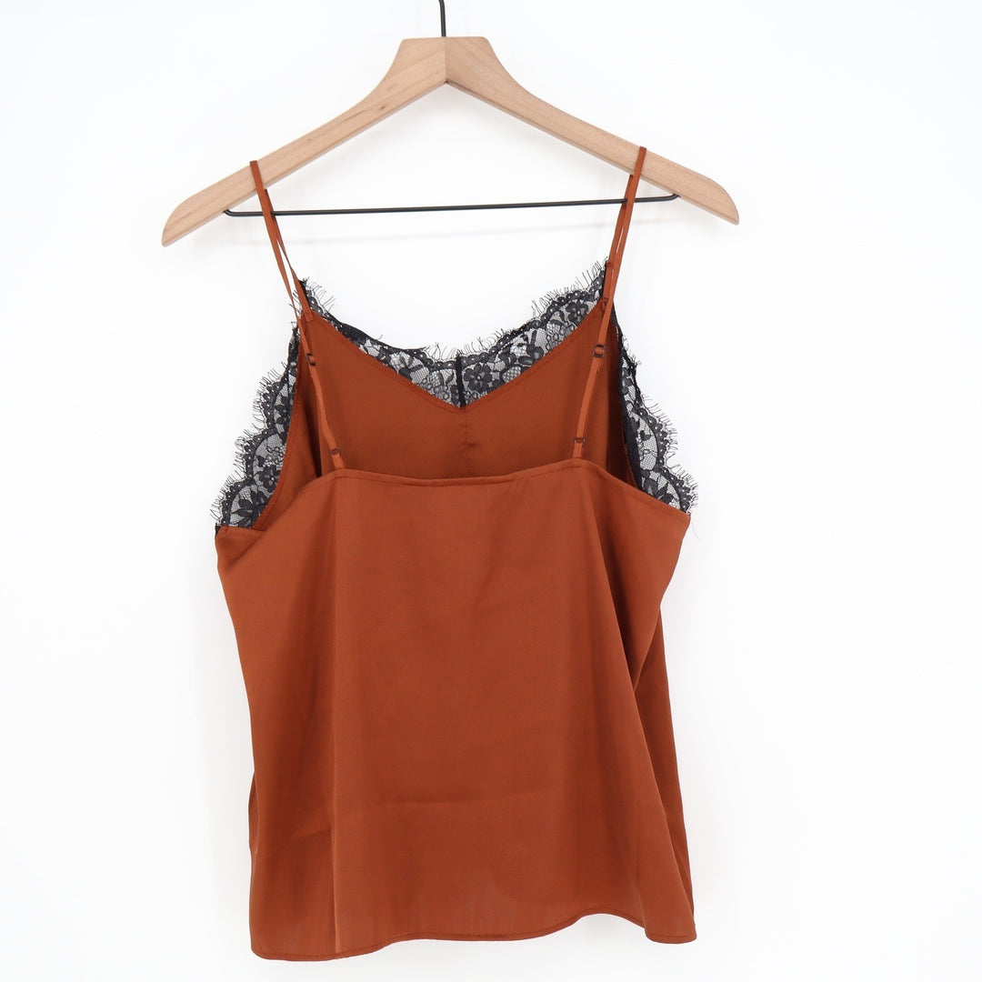 Rust Orange Satin Camisole Top Black Eyelash Lace Trim Adjustable Straps Size M