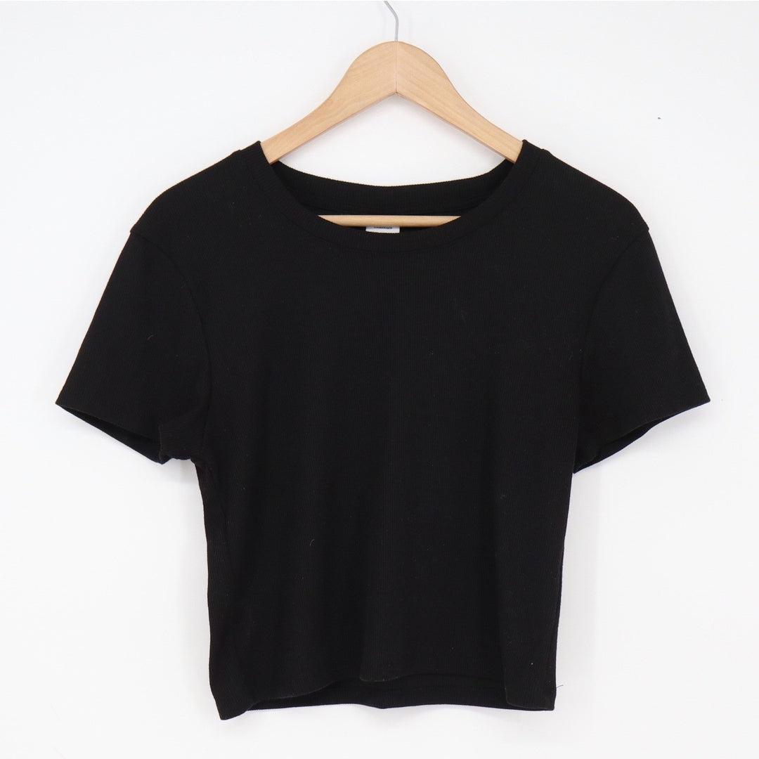 Love Life Essentials T-Shirt Womens Large Ribbed Crop Top Black Stretch