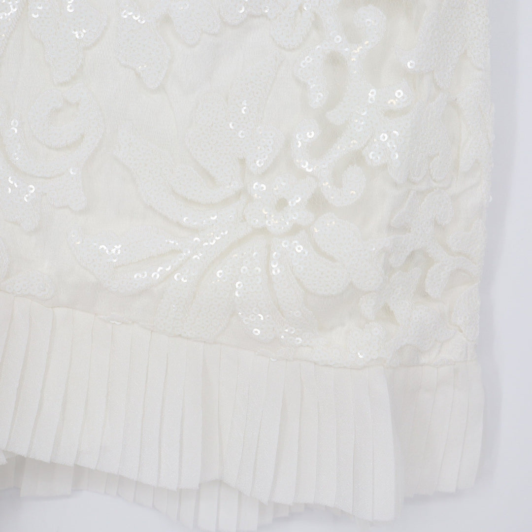 Naked Wardrobe White Sequin Floral Mini Skirt Pleated Ruffle M