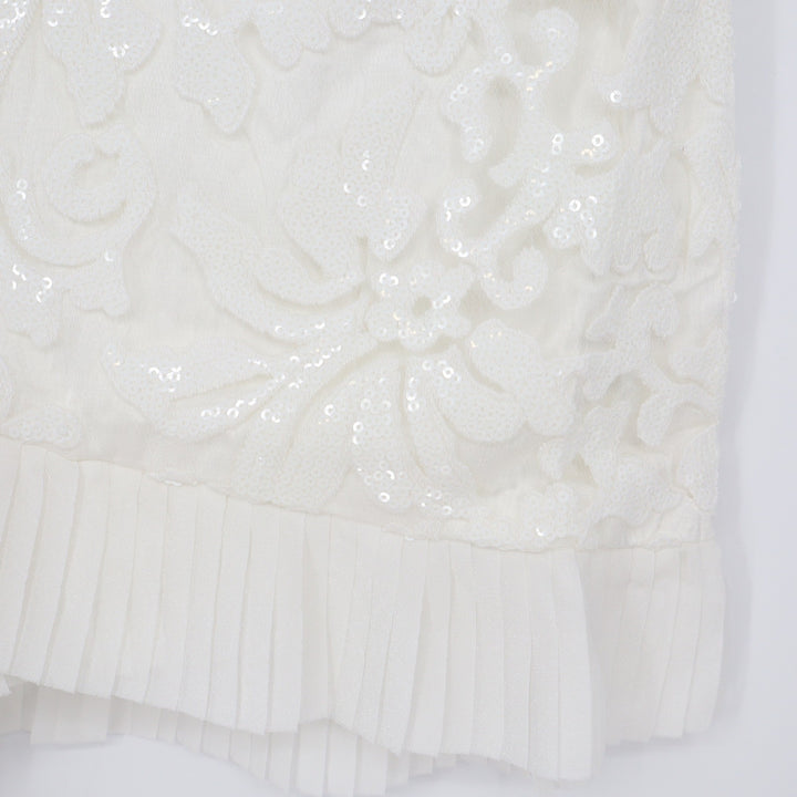 Naked Wardrobe White Sequin Floral Mini Skirt Pleated Ruffle M