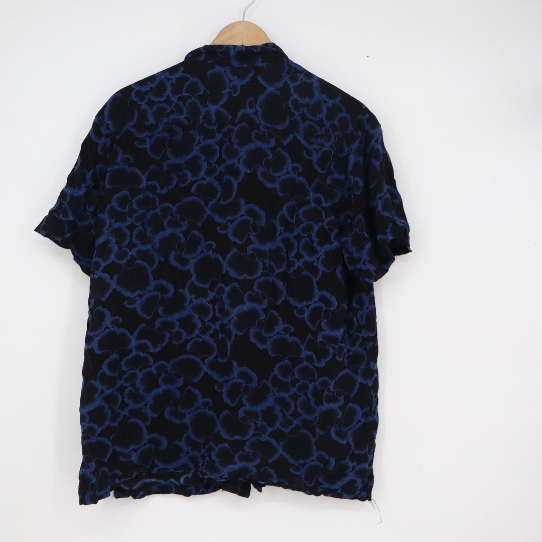 HM Mens Short Sleeve Button Down Shirt Blue Floral Black Viscose Large