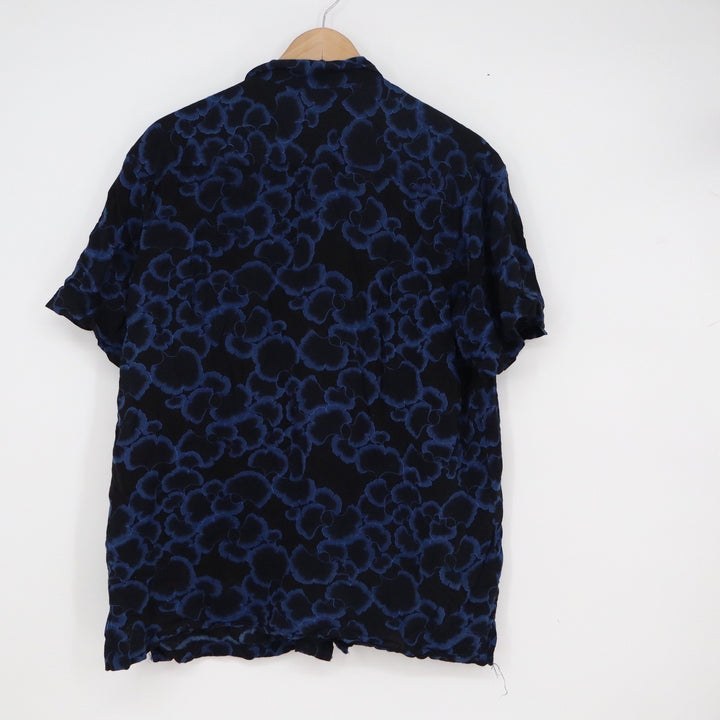 HM Mens Short Sleeve Button Down Shirt Blue Floral Black Viscose Large