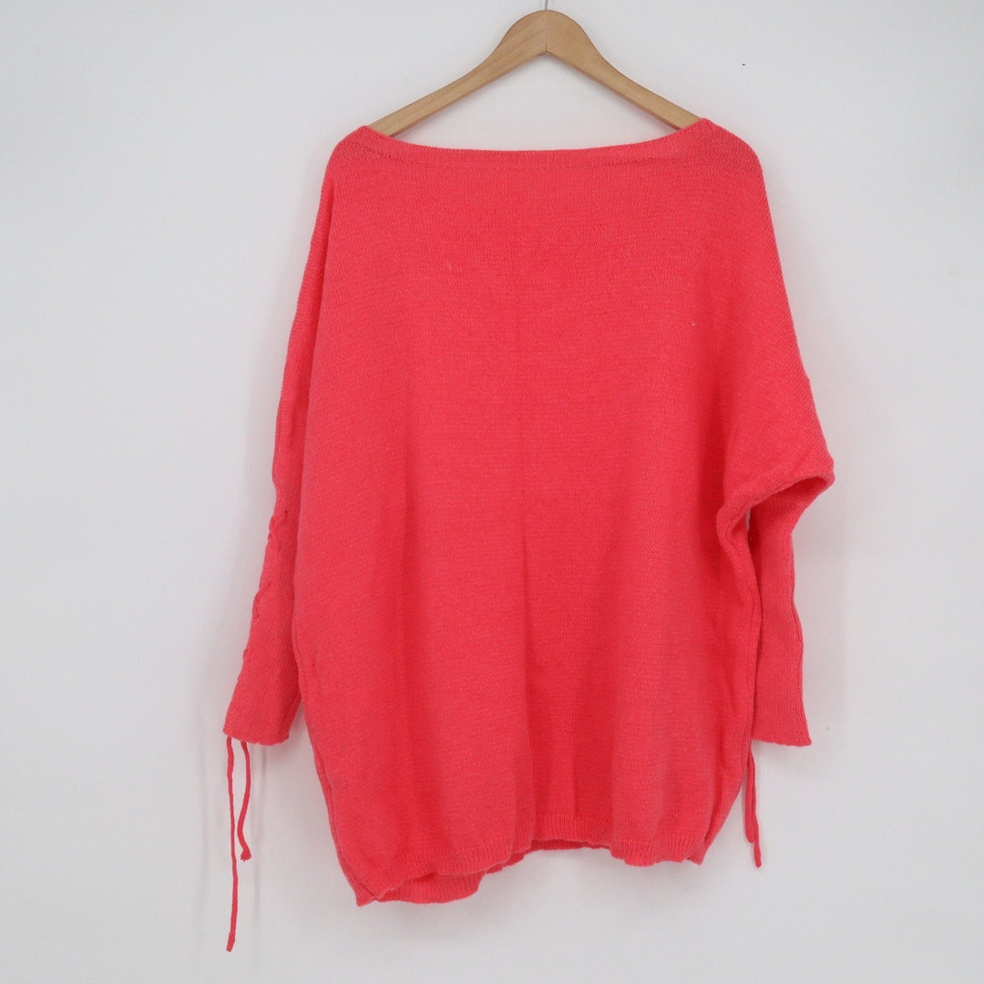 SHEIN Womens XXL 14 Coral Pink Lace Up Sleeve Boat Neck Oversized Knit Sweater