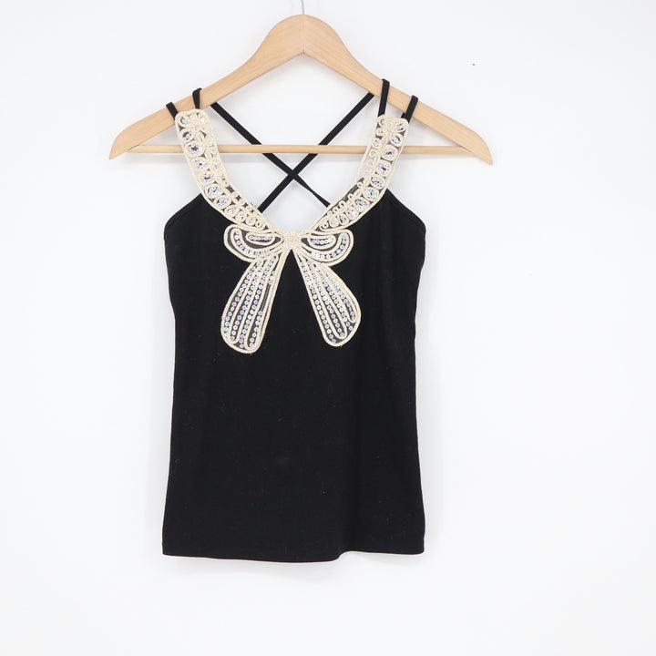 ViWi Black Sequin Bow Camisole Tank Top Crisscross Straps Small