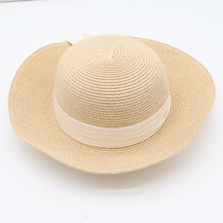 FURTALK Sun Hat Womens M/L Wide Brim Packable Straw Beige Ribbon Bow Excellent