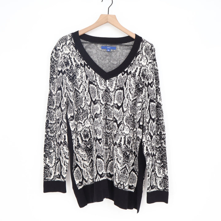 Apt. 9 Sweater Womens XXL V-Neck Snakeskin Black White Animal Print Excellent