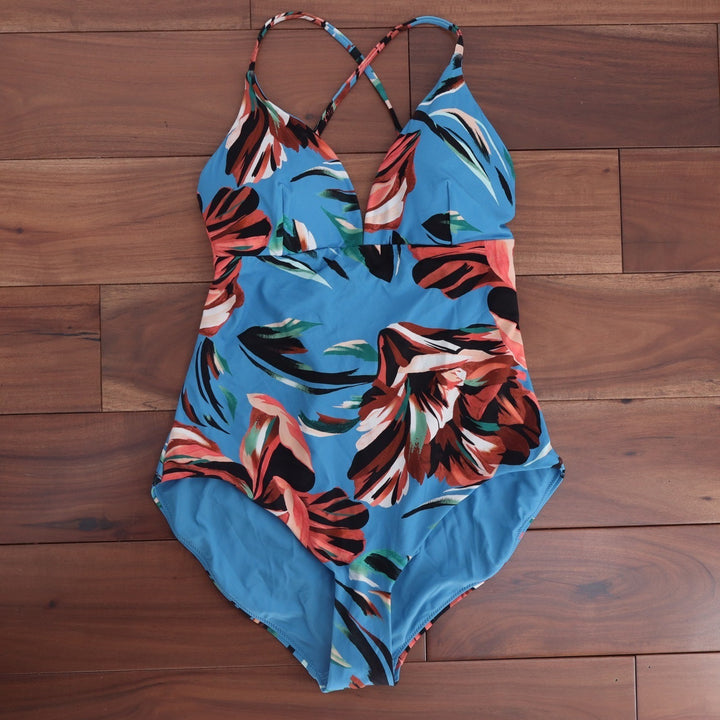 Calia Womens 16 Strappy Back One Piece Swimsuit Tranquil Blue Floral