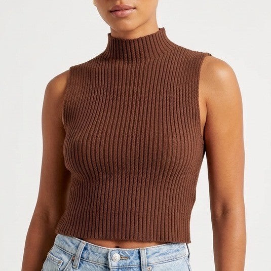 Zara Vest Sweater Women Small Brown Viscose Tight Knit Ribbed Mock Neck Pullover