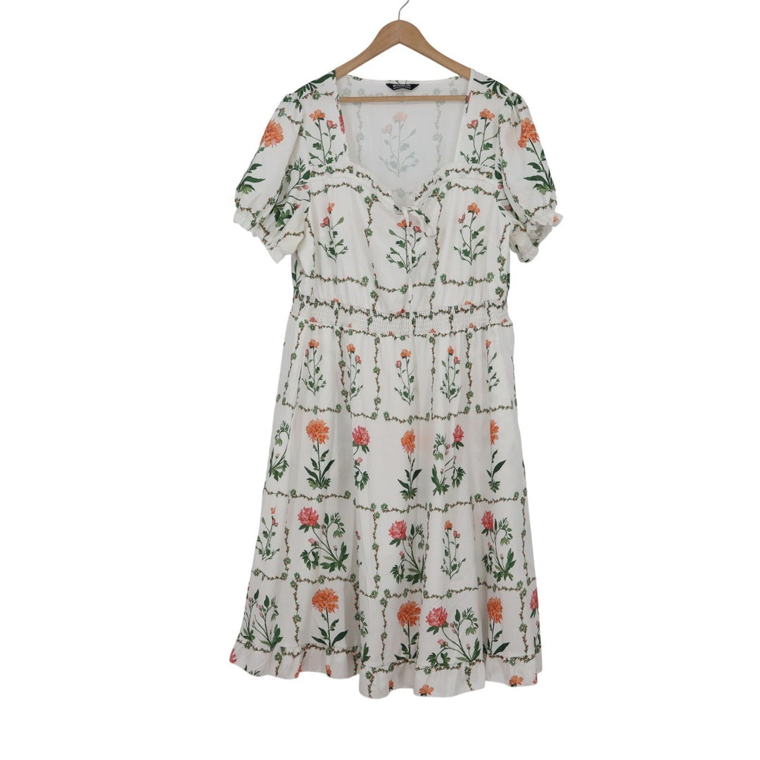 Bloomchic Floral Midi Dress White Orange Pink Sweetheart Smocked Plus Size 18-20