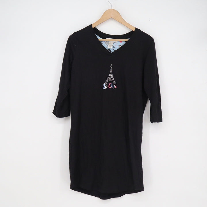 Rene Rofe Sleepwear Black Cotton Paris Eiffel Tower Le Chic Nightgown Small