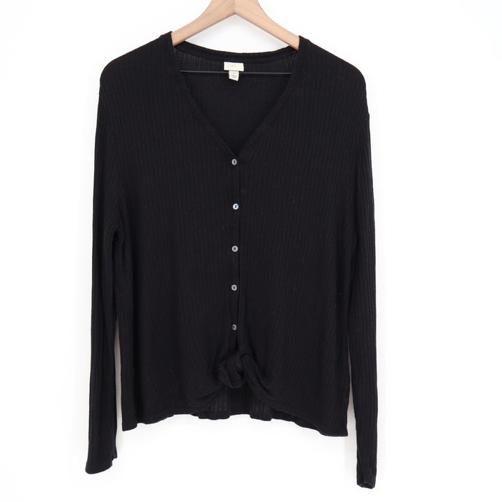 A New Day Womens Black Ribbed Knot Front Button Down Cardigan Sweater Large