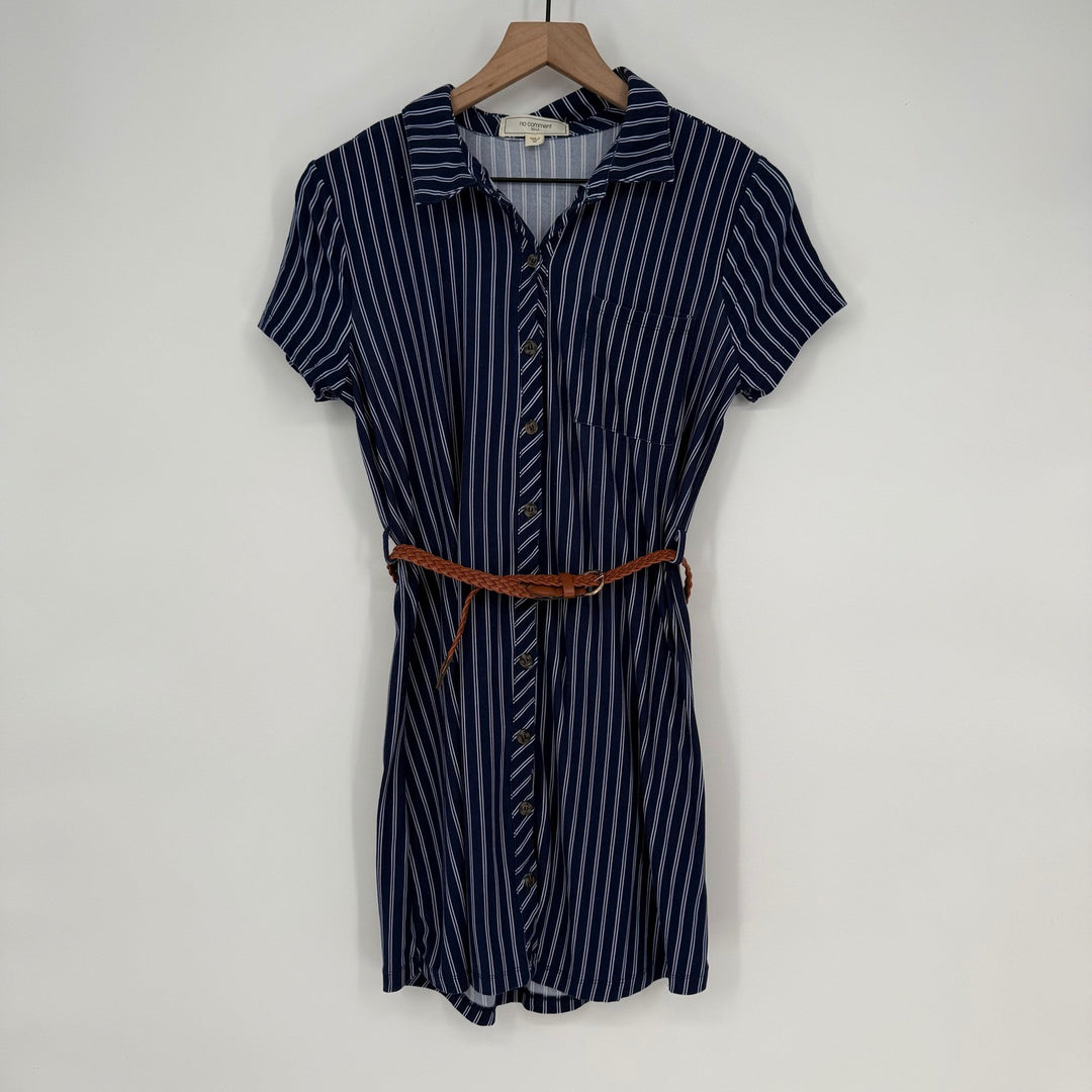 No Comment NYLA Striped Shirt Dress Brown Belt Short Sleeve Medium