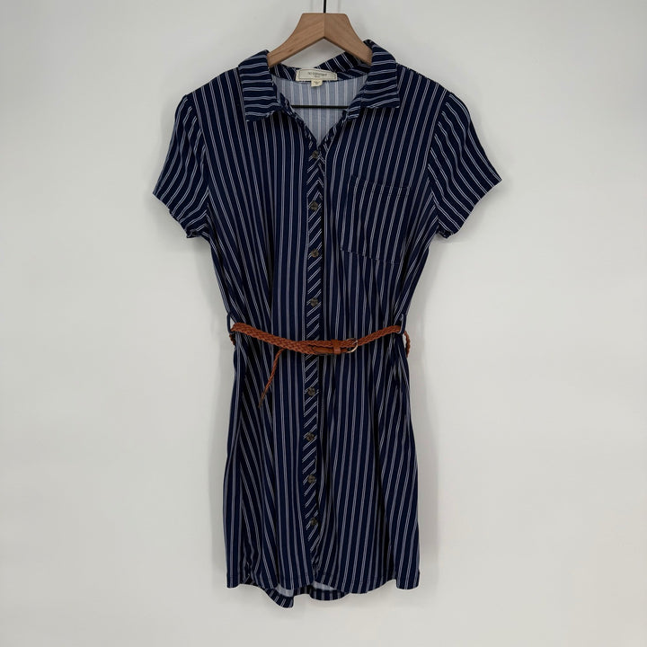 No Comment NYLA Striped Shirt Dress Brown Belt Short Sleeve Medium