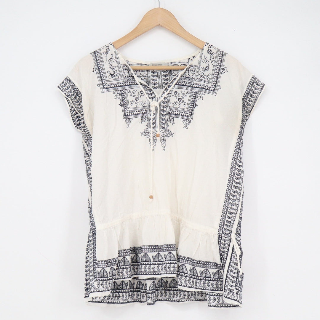 World Market White Navy Blue Embroidered Cotton Peasant Blouse Peplum Top S/M
