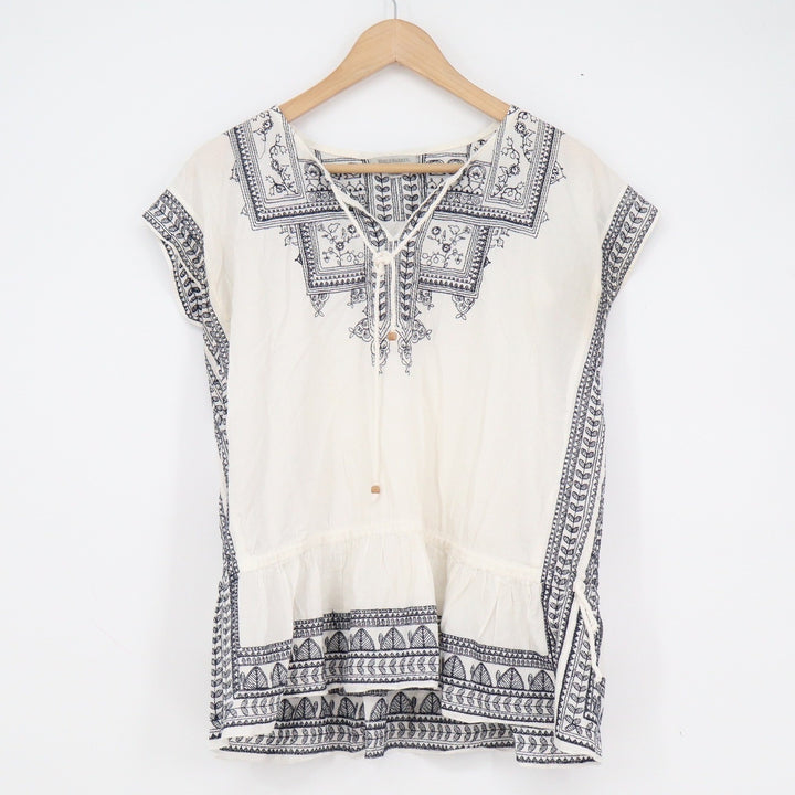 World Market White Navy Blue Embroidered Cotton Peasant Blouse Peplum Top S/M