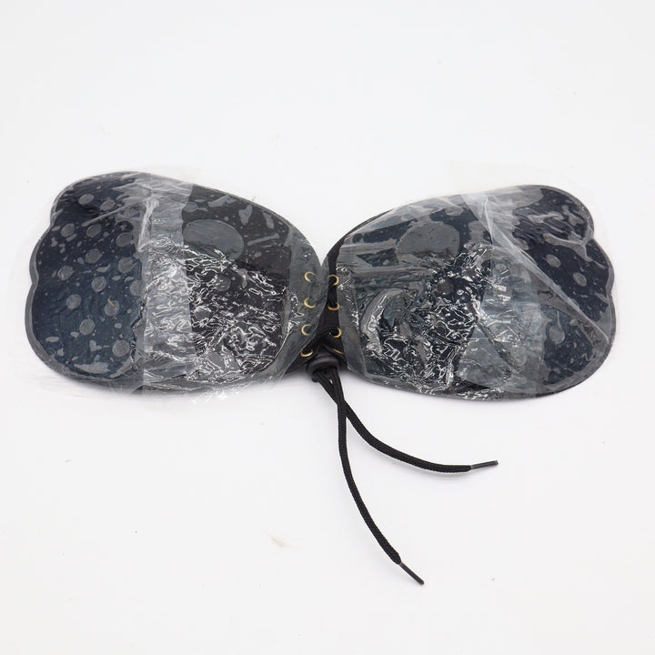 Black Adhesive Wing Strapless Bra Front Lace Up Drawstring Backless One Size