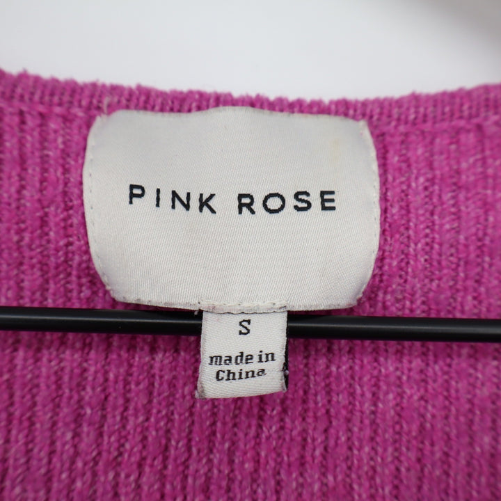 Pink Rose Magenta Ribbed Faux Wrap Cropped V-Neck Sweater Small