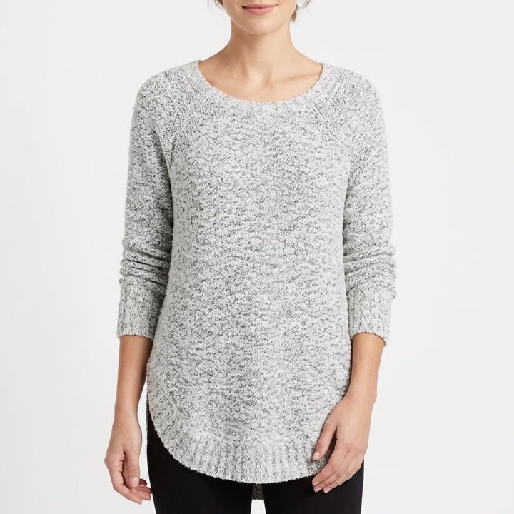 Alya Grey White Boucle Knit High Low Crewneck Sweater FSA8060 Womens Medium