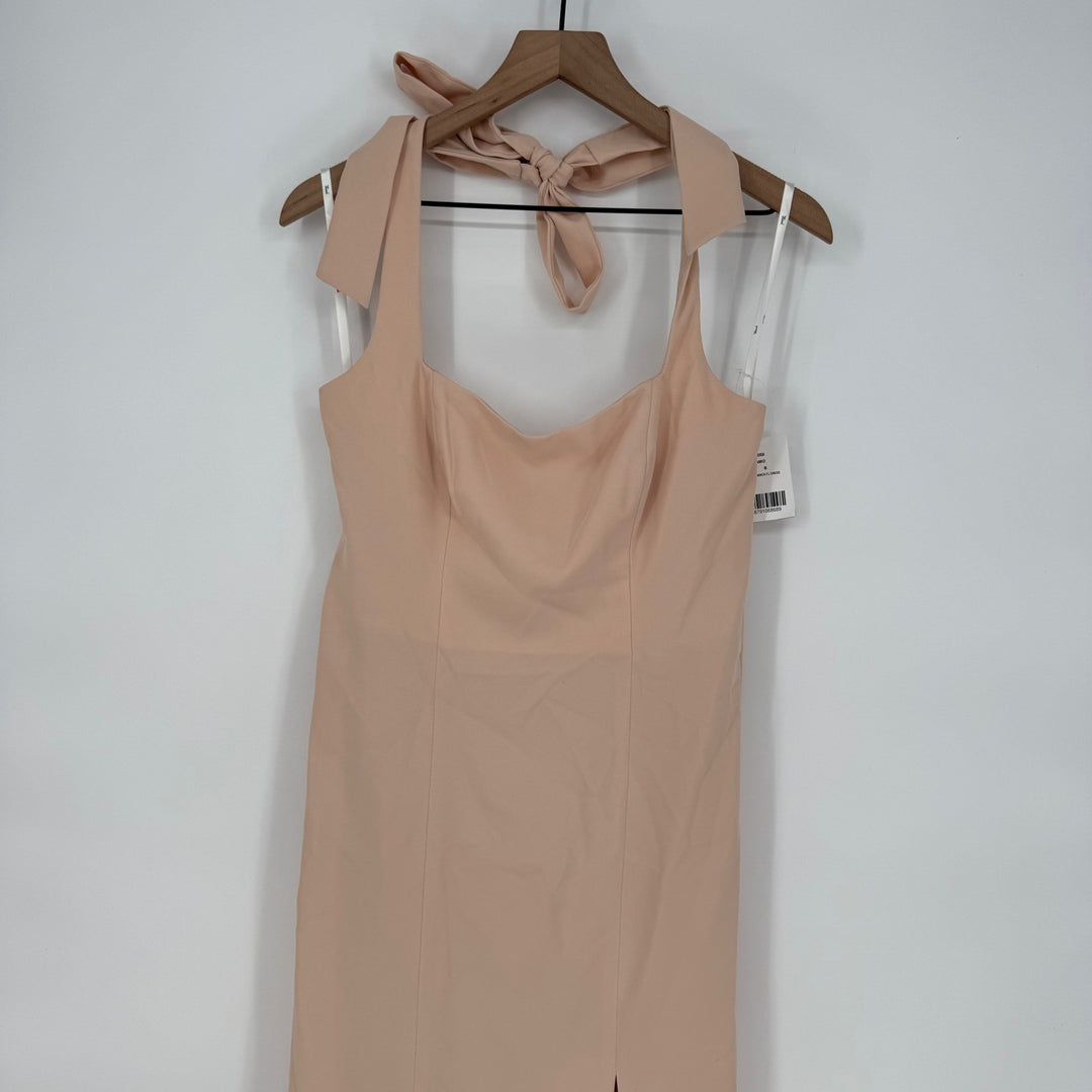 Thread Tie Halter Open Back Trumpet Gown In Cameo Size M