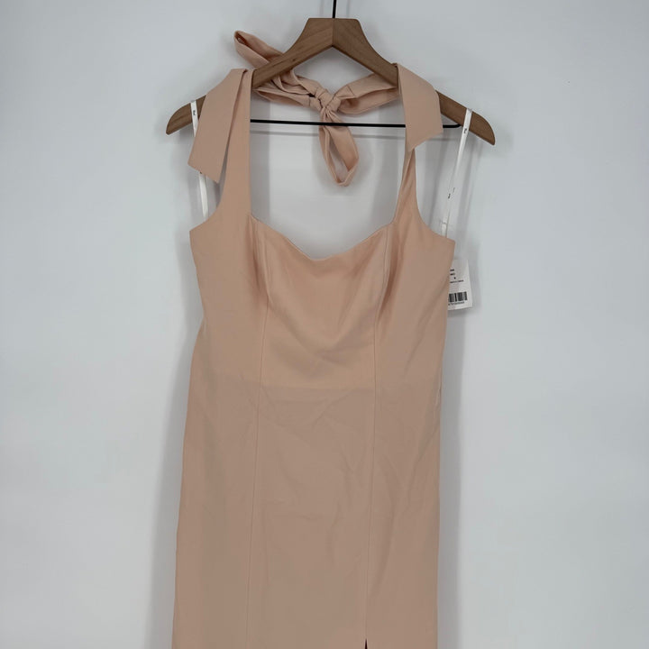 Thread Tie Halter Open Back Trumpet Gown In Cameo Size M