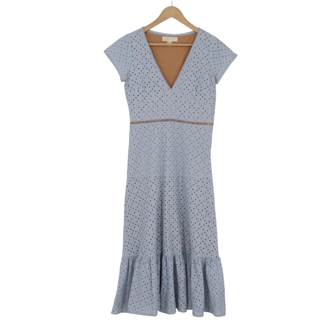 Michael Michael Kors Light Blue Eyelet Cotton Midi Dress V-Neck Size 2