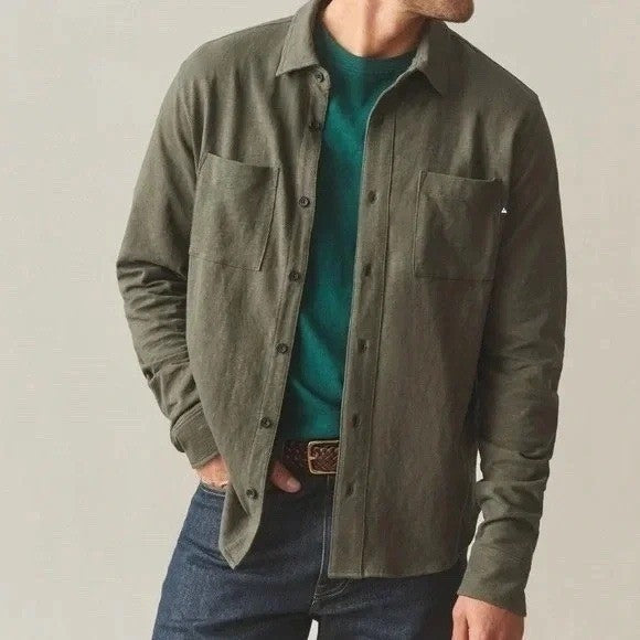 American Giant Premium Slub Shirt Mens L Olive Green Cotton Back Yoke Button Up
