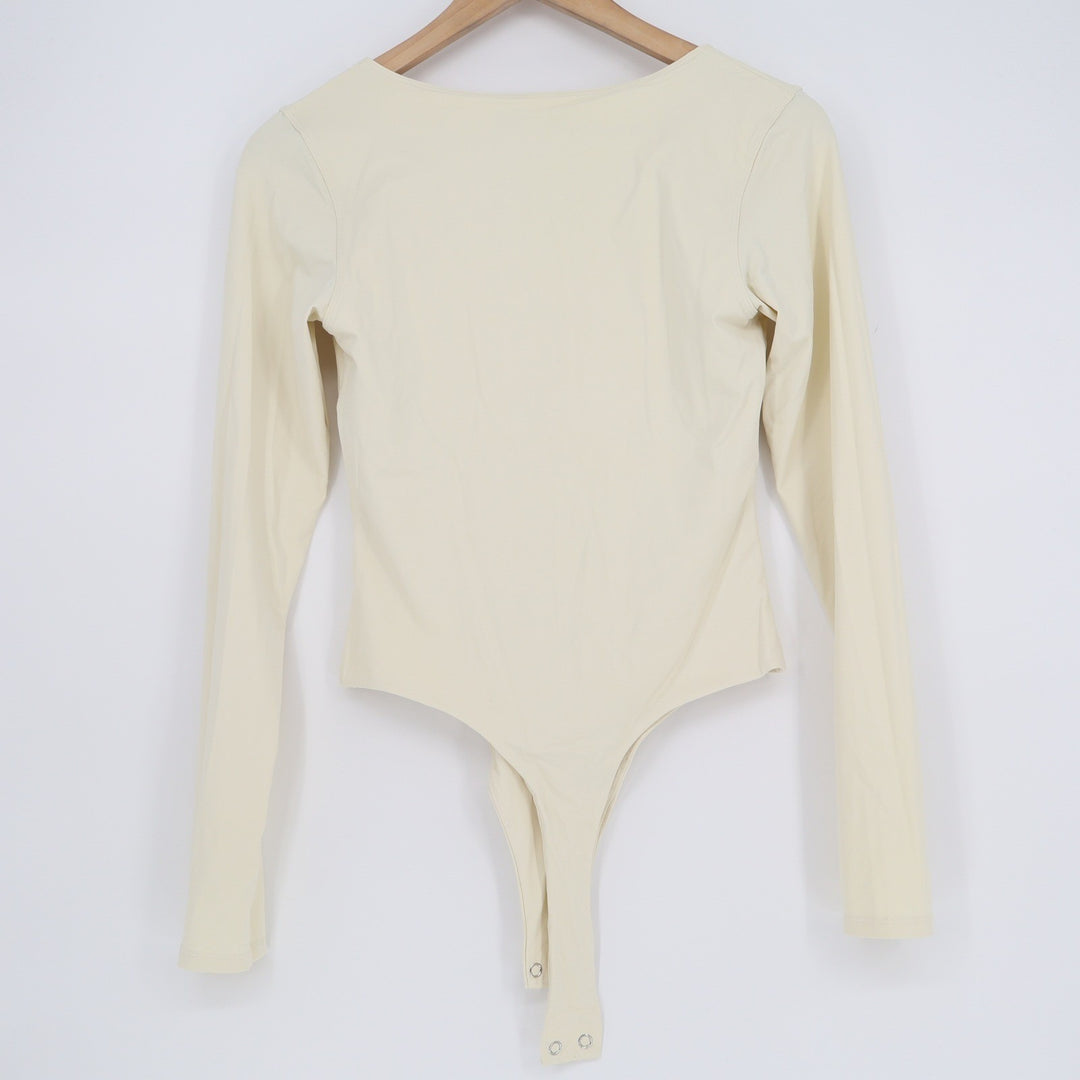 Qinsen Womens Cream Long Sleeve V-Neck Bodysuit Size M