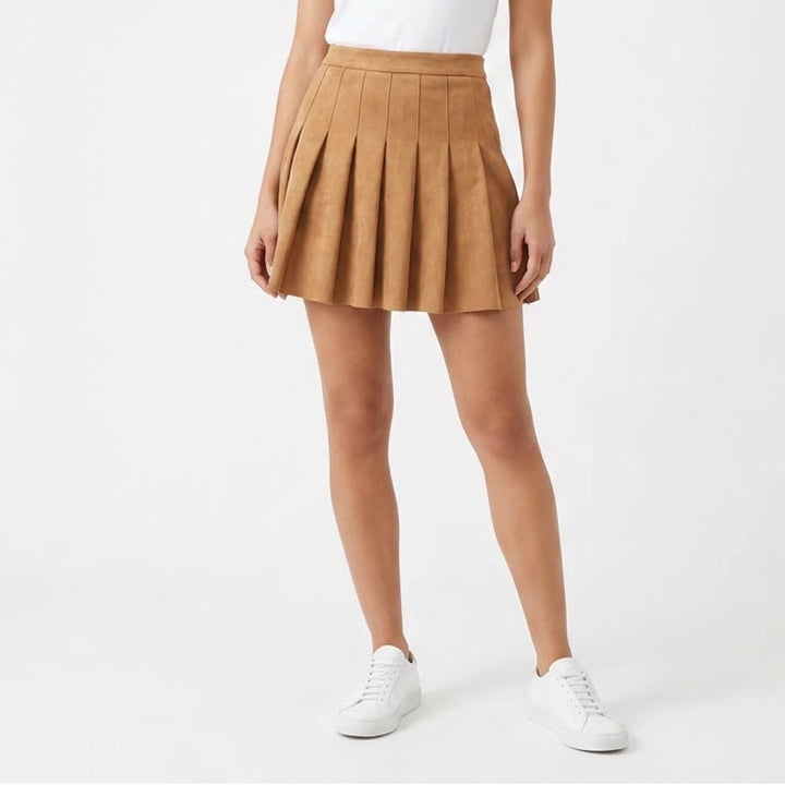 Love Tree Camel Brown Pleated Mini Skirt High Waisted Faux Suede Large