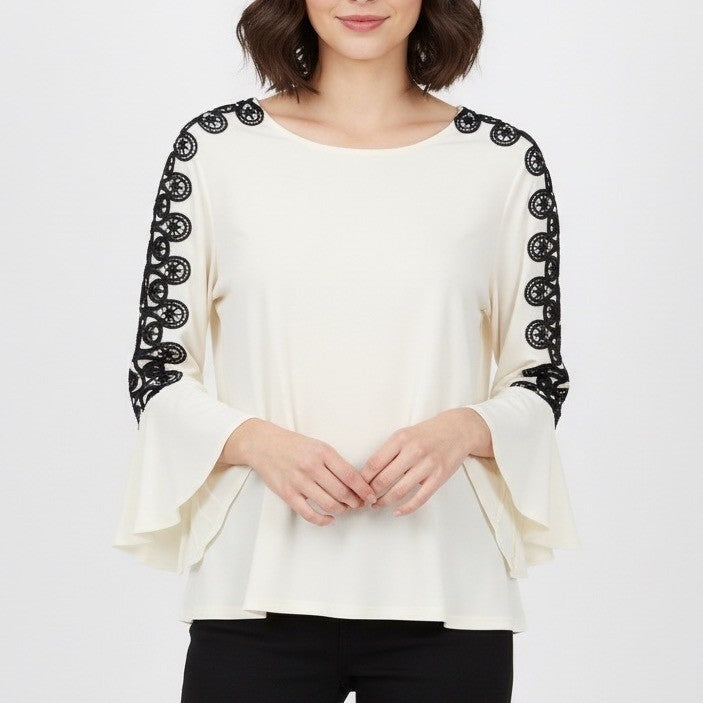 Chicos Blouse Womens Large White Black Embroidery Ruffle Bell Sleeve Round Neck