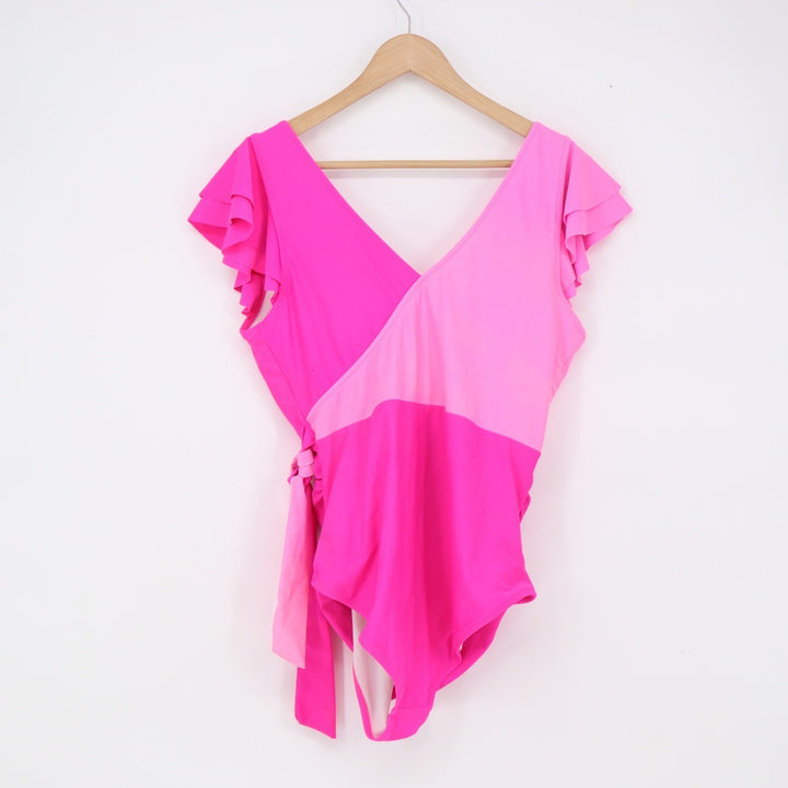 B One Piece Swimsuit Women XXL Wrap Side Tie Pink Ruffle Sleeve Ruched Excellent