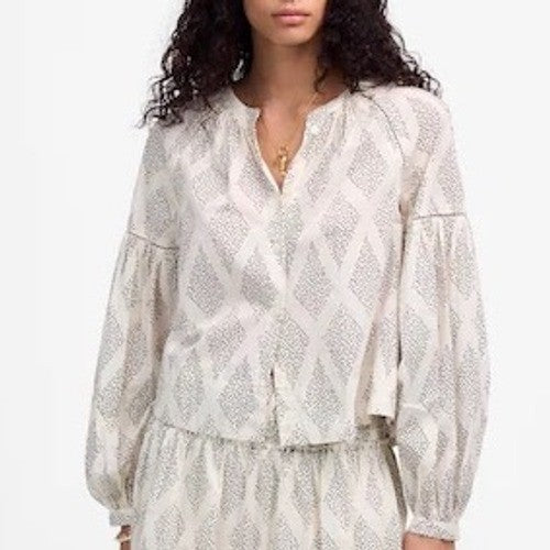 Madewell Shirred Blouse Women's Medium White Geometric Print Balloon Sleeve